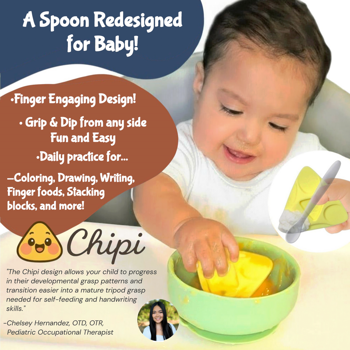 Chipi Baby Spoon – Smarter Baby Steps, First Stage Training, Self-Feeding Utensil, Easy Grip, Choke-Free, Soft Silicone, Pre-Spoon for Puree Toddler Baby Led Weaning (BLW), Essential 6 month